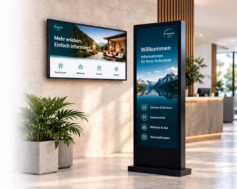 Digitaler Infopoint-Totem und Wanddisplay in einer Hotellobby