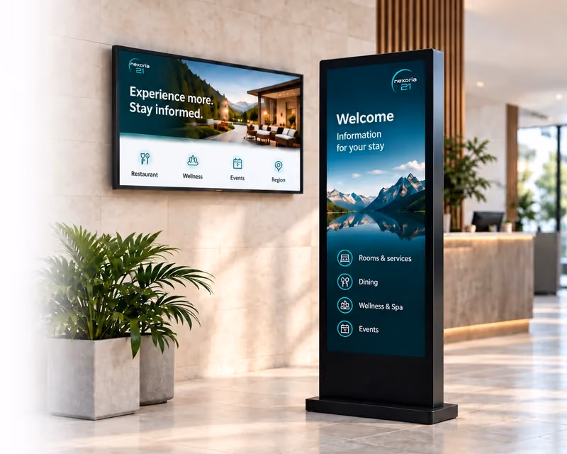 Digital Infopoint totem and wall display in a hotel lobby