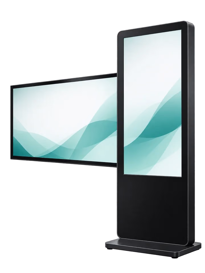 Digitales Hoch- und Querformat-Display mit dem nexoria21-Logo
