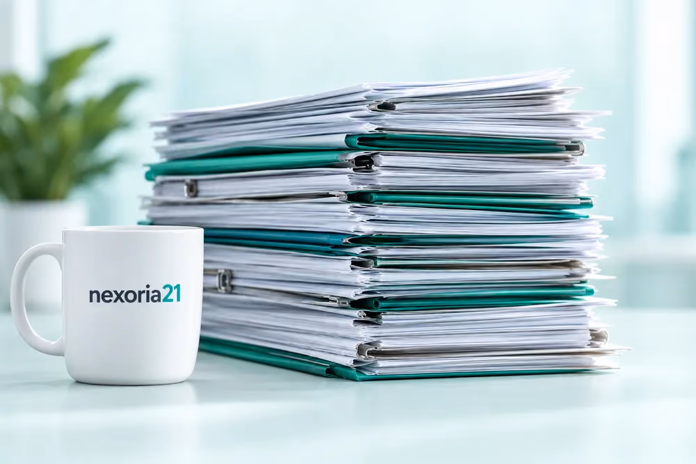 Ein Stapel Papierakten und eine nexoria21-Tasse